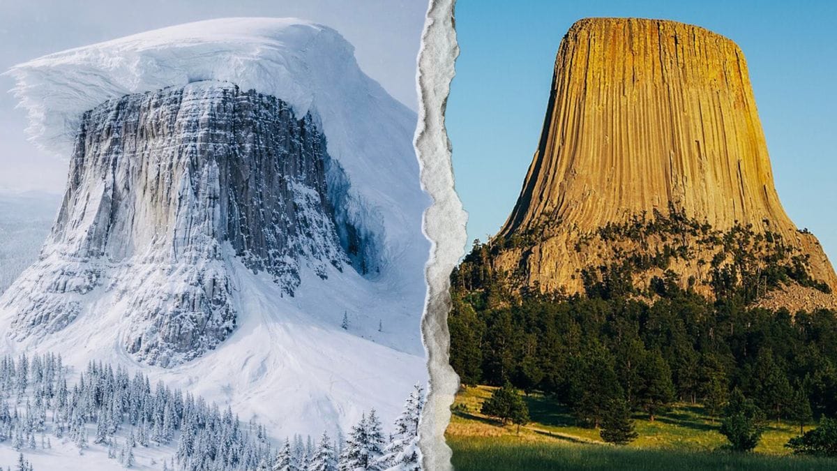 On the left of an image is a large rock structure covered with snow, while on the right the same rock structure is shown without snow.