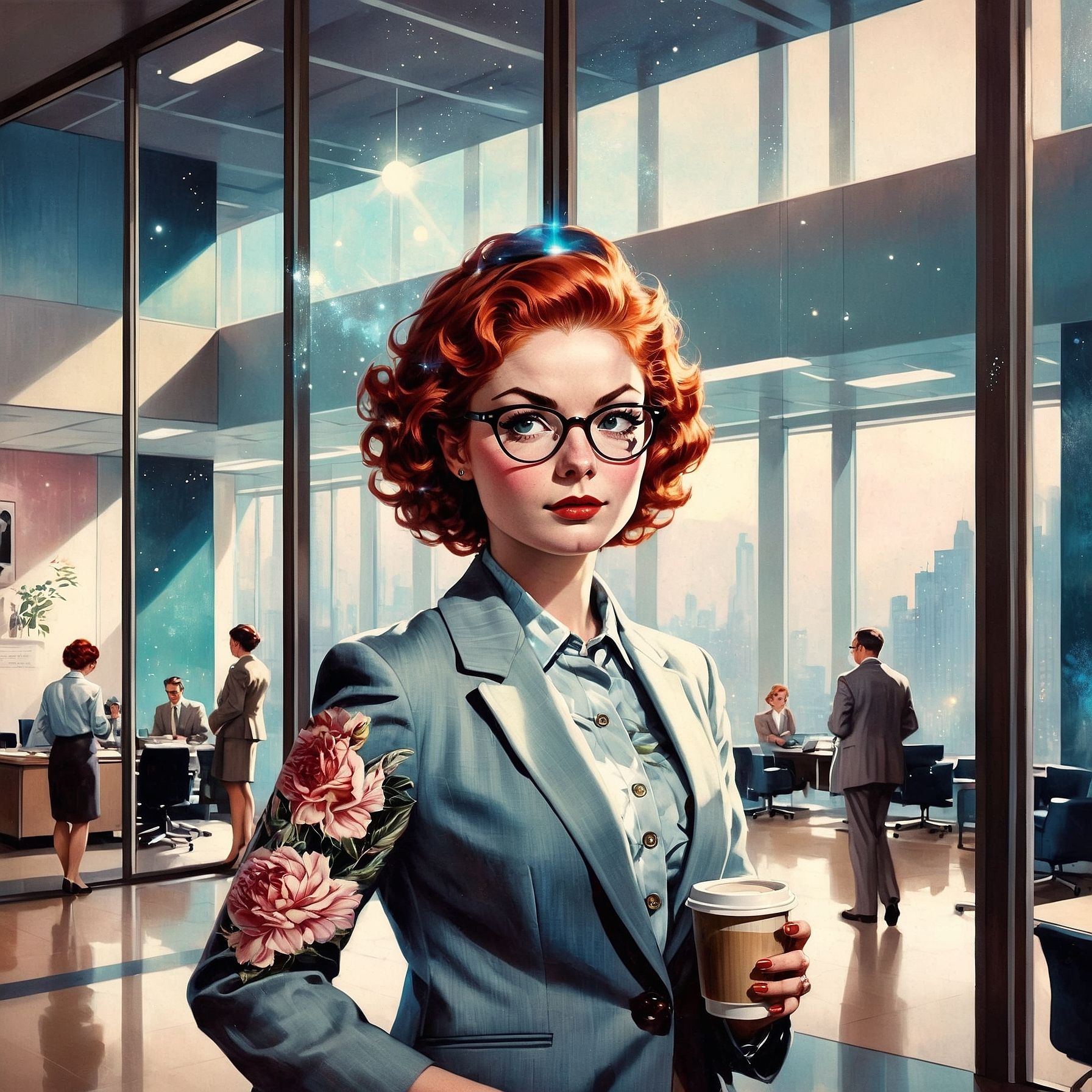 Stylized digital illustration of a confident red-haired woman in a pale blue business suit standing in a modern high-rise office. She wears glasses and holds a coffee cup, with large peony flowers embroidered on her blazer sleeve. The background features a spacious, sunlit office with floor-to-ceiling windows, city skyline views, and coworkers engaged in quiet conversations. The overall tone blends mid-century fashion with a futuristic, dreamlike ambiance.