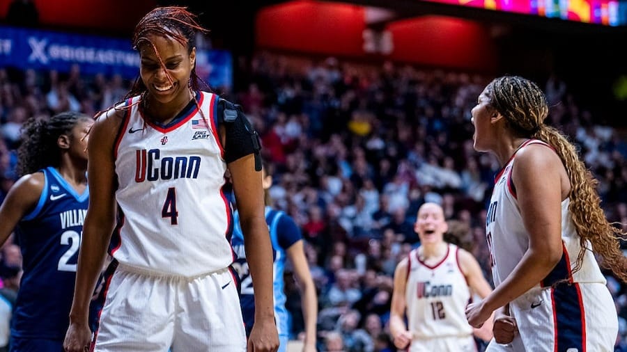 Blanca Quinonez #4 of the Connecticut Huskies reacts in the first half of the championship game of the Big East Women’s Basketball Tournament.