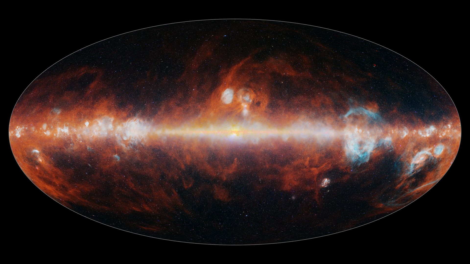 NASA’s SPHEREx observatory has completed its first full‑sky infrared map, capturing the cosmos in 102 wavelengths that are invisible to human eyes. The composite features colors emitted by stars (blue, green, and white), emissions from hot hydrogen gas (blue) and cosmic dust (red), materials that trace star‑forming regions and the structure of the Milky Way. SPHEREx carries six detectors, each equipped with a custom filter containing a gradient of 17 colors. Together, they capture images in 102 distinct infrared colors, effectively turning every all‑sky scan into 102 separate maps, each at a different wavelength. By analyzing these colors, the mission will estimate distances to hundreds of millions of galaxies. While many of those galaxies have already been charted in two dimensions, SPHEREx will add the missing depth information, creating a 3D map of the universe. This will allow scientists to study subtle patterns in how galaxies cluster and trace large‑scale cosmic structure. These data will also help scientists probe conditions in the first fraction of a second after the big bang, and study how galaxies evolved over 13.8 billion years. The mission’s first map marks the foundation of a legacy dataset designed to support research on everything from cosmic inflation to the origins of water and organic molecules.