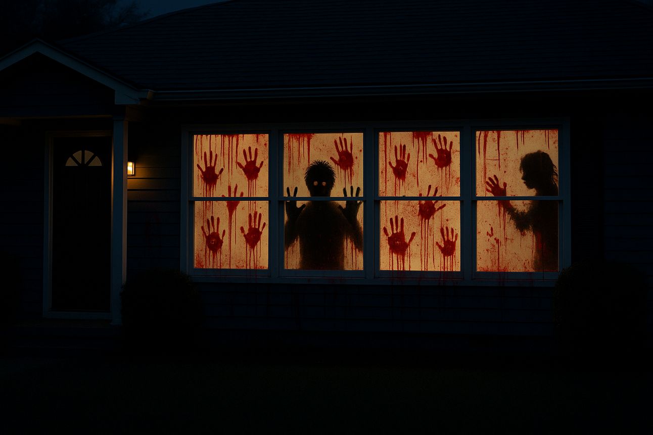 A suburban home at night with bright red bloody handprints and horror streaks covering the front windows, backlit to reveal eerie silhouettes inside.