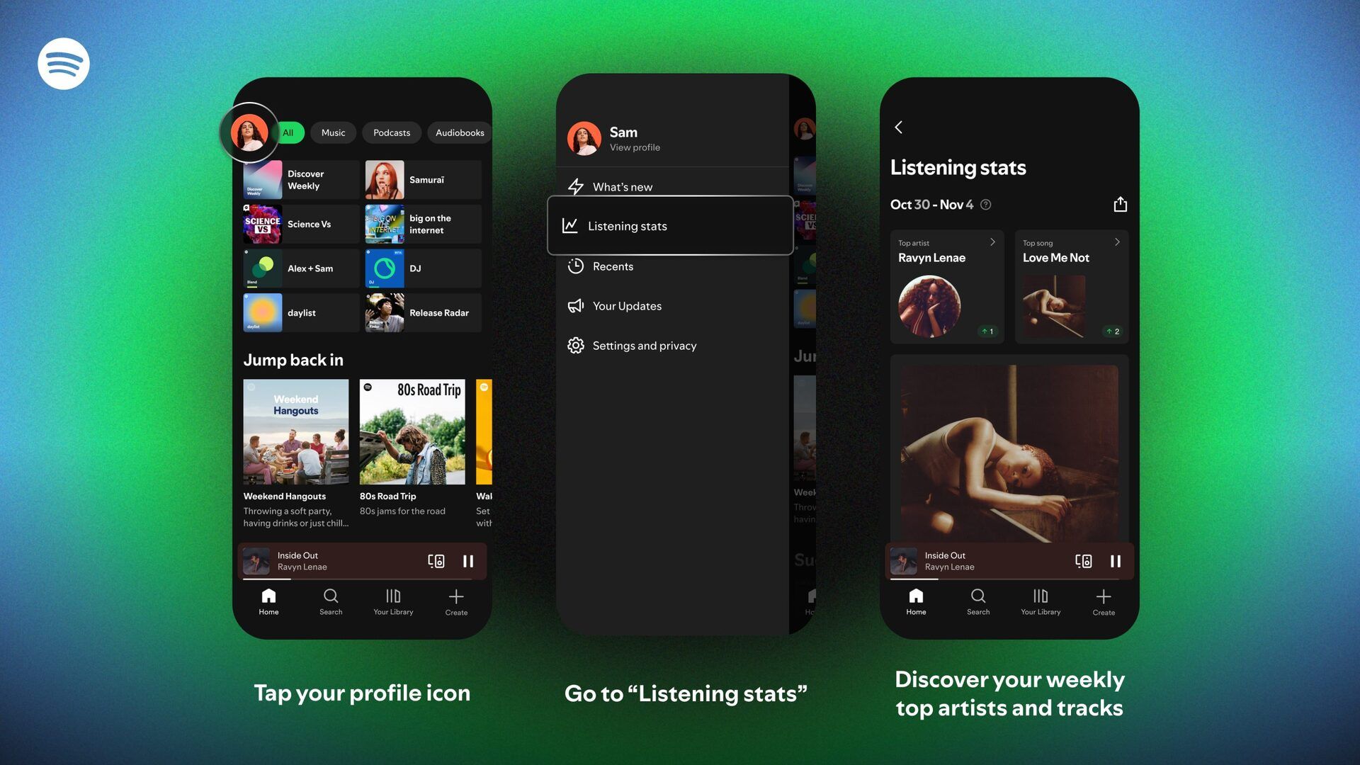 Afbeelding met drie telefoonschermen van de Spotify-app die de nieuwe functie Luisterstatistieken tonen, onderdeel van Spotify Wrapped 2025. Op het eerste scherm zie je het Spotify-startscherm met playlists zoals Discover Weekly en Release Radar. Op het tweede scherm is het profielmenu geopend met de optie Listening stats. Op het derde scherm verschijnen persoonlijke luistercijfers van 30 oktober tot 4 november, inclusief topartiest Ravyn Lenae en het nummer Love Me Not. De interface heeft een zwarte achtergrond met groene en blauwe Spotify-gradient. Deze update maakt deel uit van de nieuwe wekelijkse mini-Wrapped die Spotify in 2025 uitrolt. Analyse en duiding door Stan Steeghs, streaming- en podcastmarketingexpert van Spot On – The Digital Audio Agency, bekend van de nieuwsbrief Weekly Wav over Spotify, streaming en digitale audio.