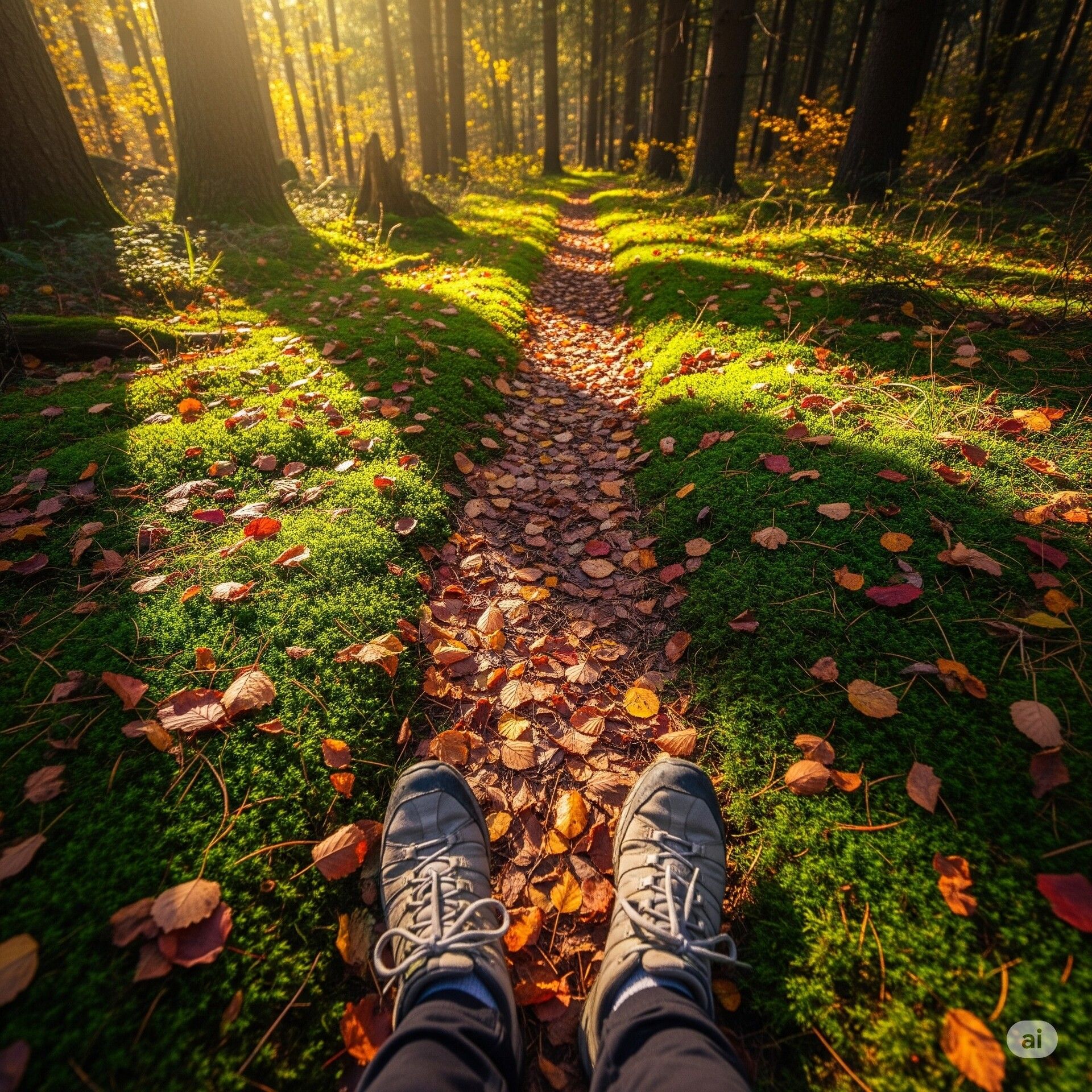 Une personne debout sur un sentier forestier en automne, baigné d'une lumière dorée, symbolisant la déconnexion et l'apaisement par la nature.