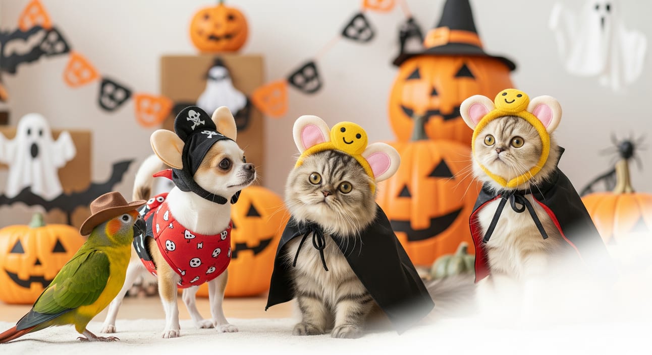 A 16:9 image featuring various pets dressed in budget-friendly Halloween costumes like bandanas, simple capes, and animal ear headbands. The pets are situated in a festively decorated room, and the bottom right-hand corner of the image has light or white colors.