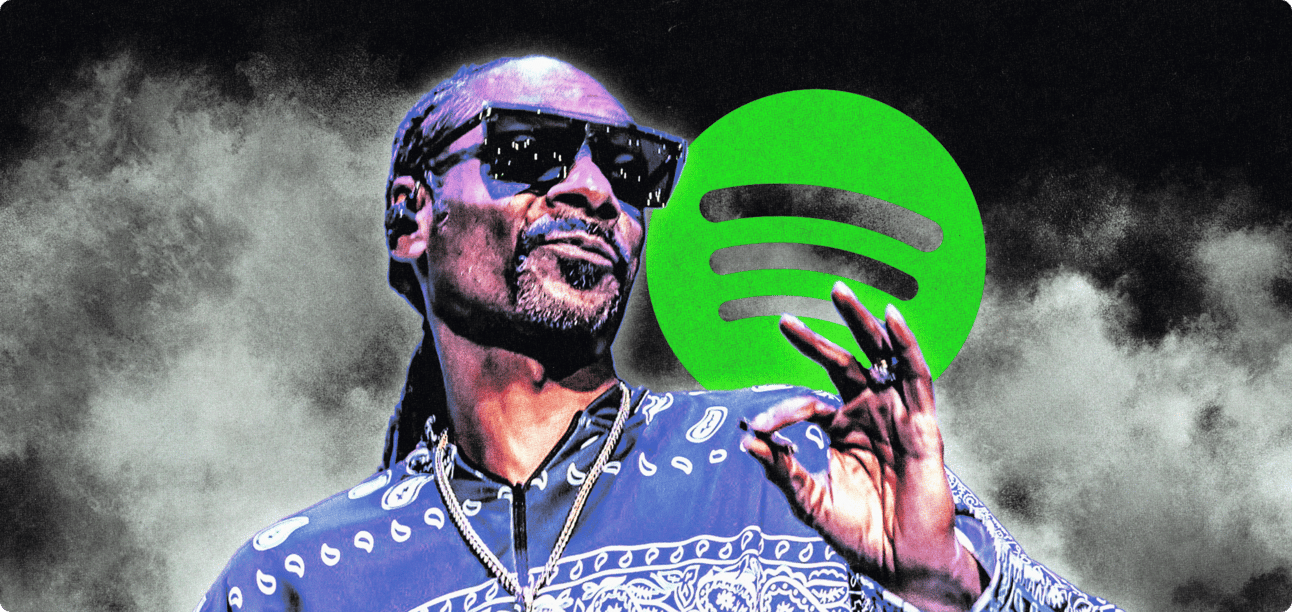 Snoop Dogg in front of Spotify logo