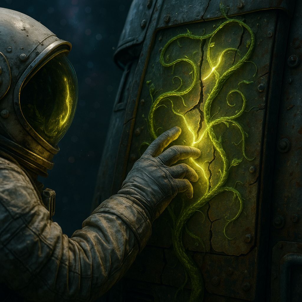 Close-up of an astronaut’s gloved hand touching glowing vines on a damaged spacecraft panel, with cosmic background softly blurred.
