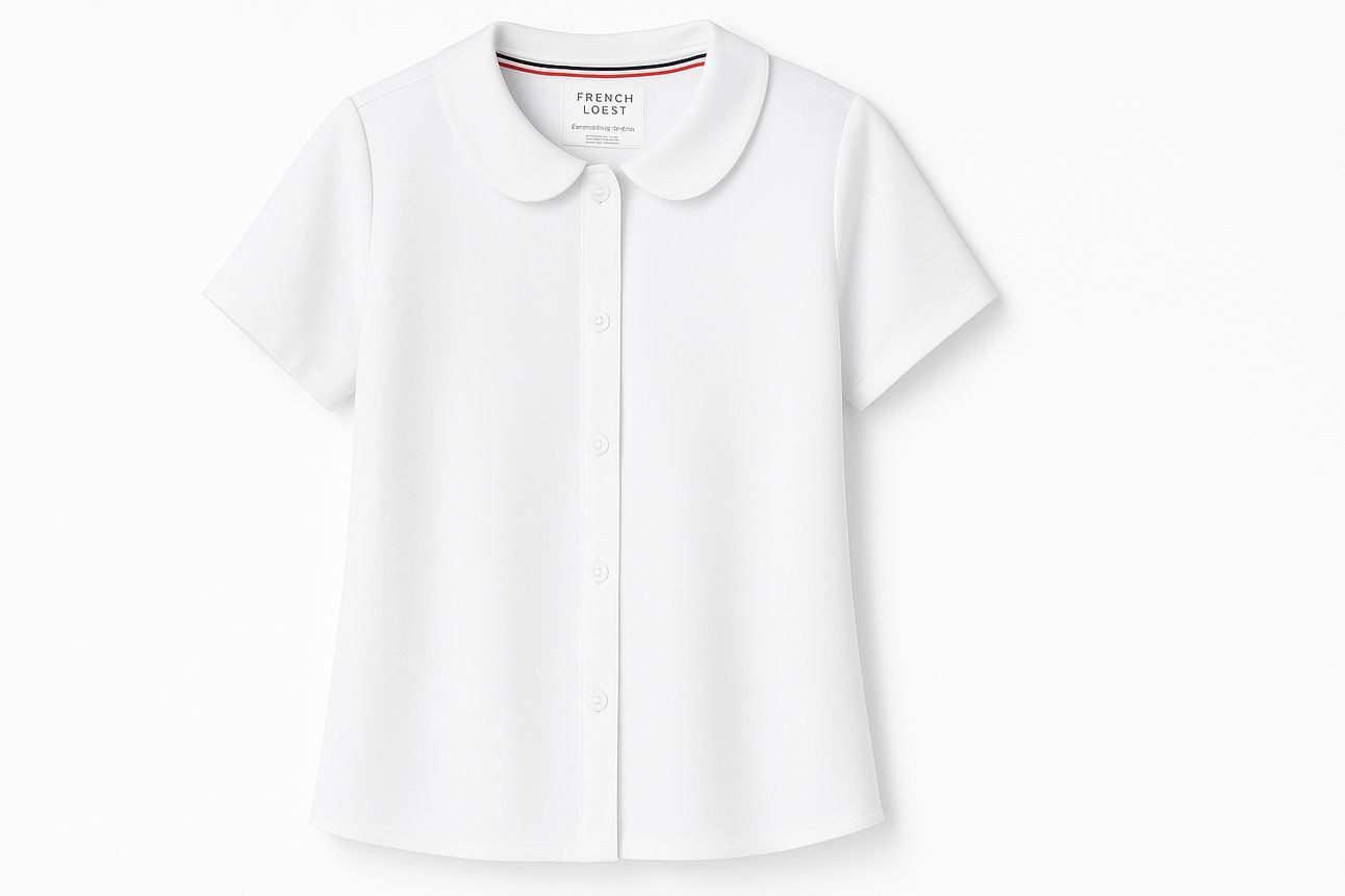 French Toast Girls’ Button-Up Blouse Short-sleeve uniform blouse with puff sleeves and Peter Pan collar, perfect for dressy school days or layering under jumpers.