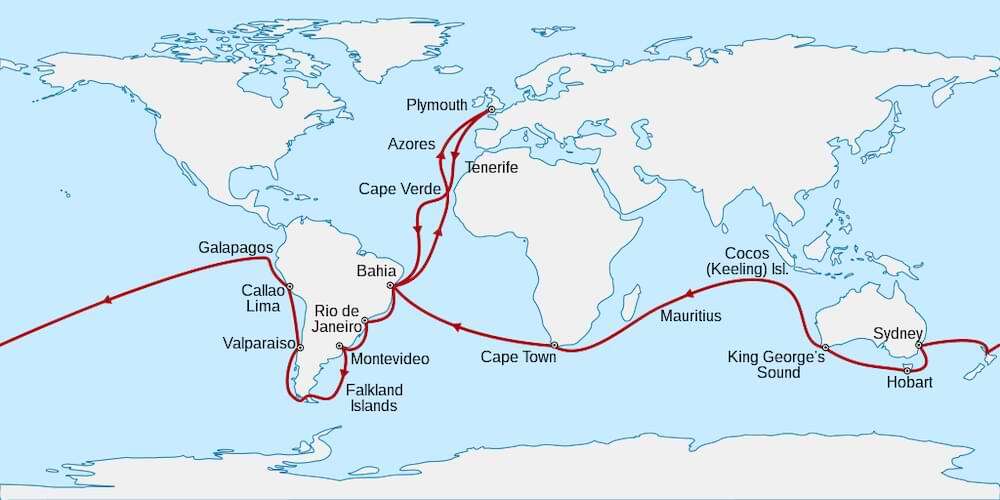 The global expedition of the HMS Beagle, spanning from 1831 to 1836