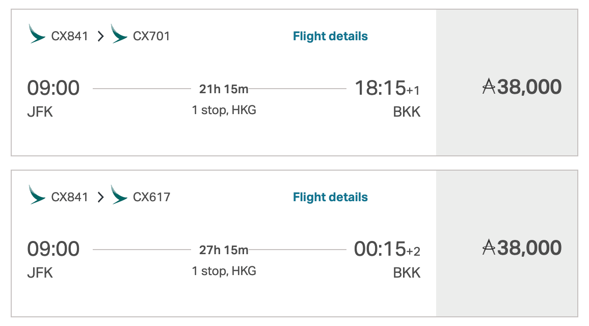 New York City to Bangkok for 38,000 Cathay miles