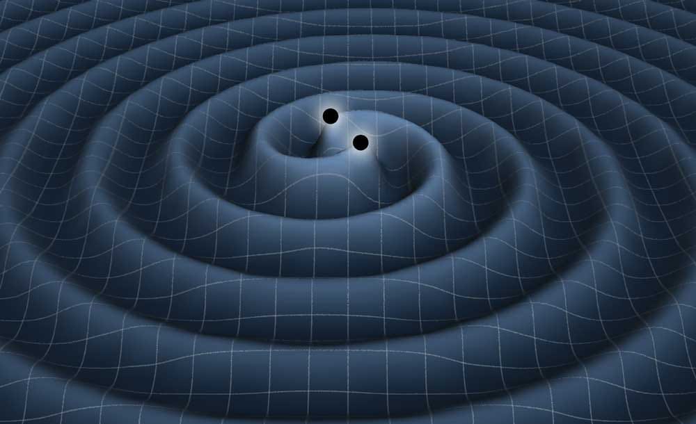 This rendering shows the gravitational waves generated by two black holes orbiting each other. (Credit: NASA)