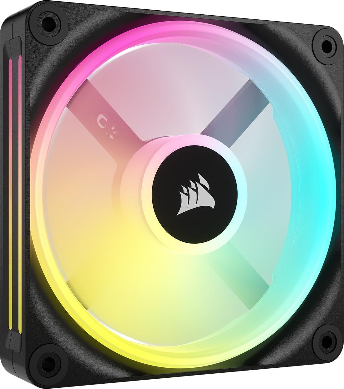 Corsair iCUE Link QX120 – The Ultimate Showstopper A premium 120mm RGB fan with vibrant dual light loops and high airflow design, mounted in a high-end gaming PC build glowing with dynamic colors.