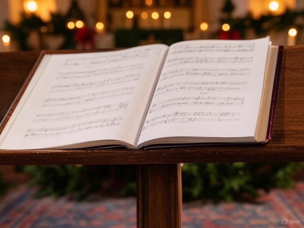 A reverent and festive setting featuring a beautifully bound gospel hymn songbook open to a music page (with no visible text), resting on a choir stand or wooden pew. Surrounding the book are subtle Christmas elements like soft candlelight, evergreen garlands, and red ribbons. In the background, hints of a church setting—such as stained glass or a choir robe—create a warm, worshipful atmosphere that honors the spirit of Christmas and inspires musical praise. No visible text or logos in the image.