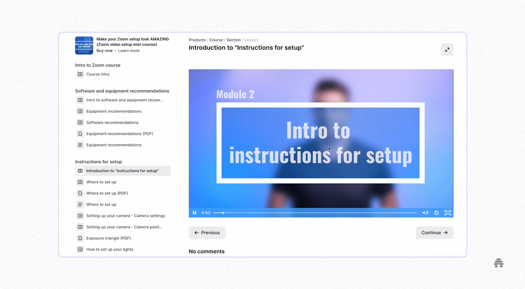 Online course lesson interface showing a video module (“Intro to instructions for setup”) with sidebar navigation for lessons and resources.