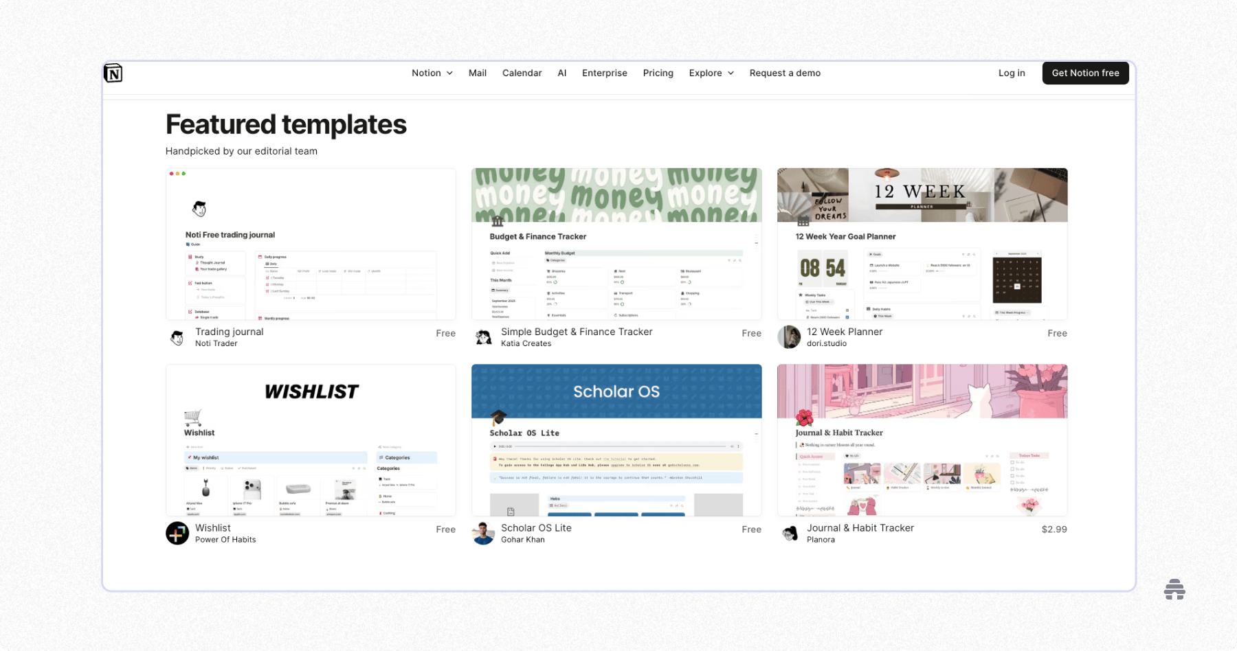 Notion’s “Featured templates” gallery showcasing curated free and paid templates—including finance trackers, trading journals, planners, study systems, and habit trackers—highlighted for users browsing productivity and organization tools.