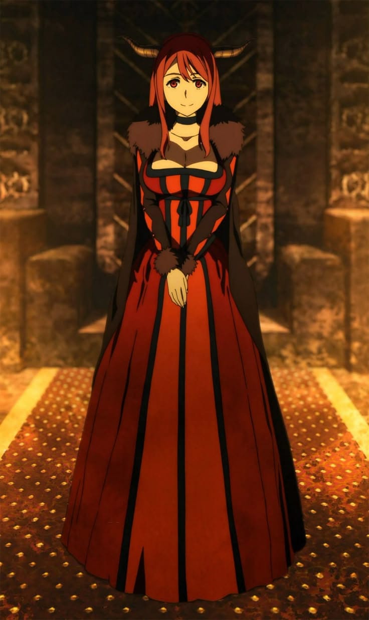 Print d nime. Temos uma mulher ruiva, com seios avantajados, com um sorriso tímido, e dos chifres. Ela está om um vestido vermelho com detalhes pretos, uma capa felputda preta, e está com as mãos juntas na frente do bustoo