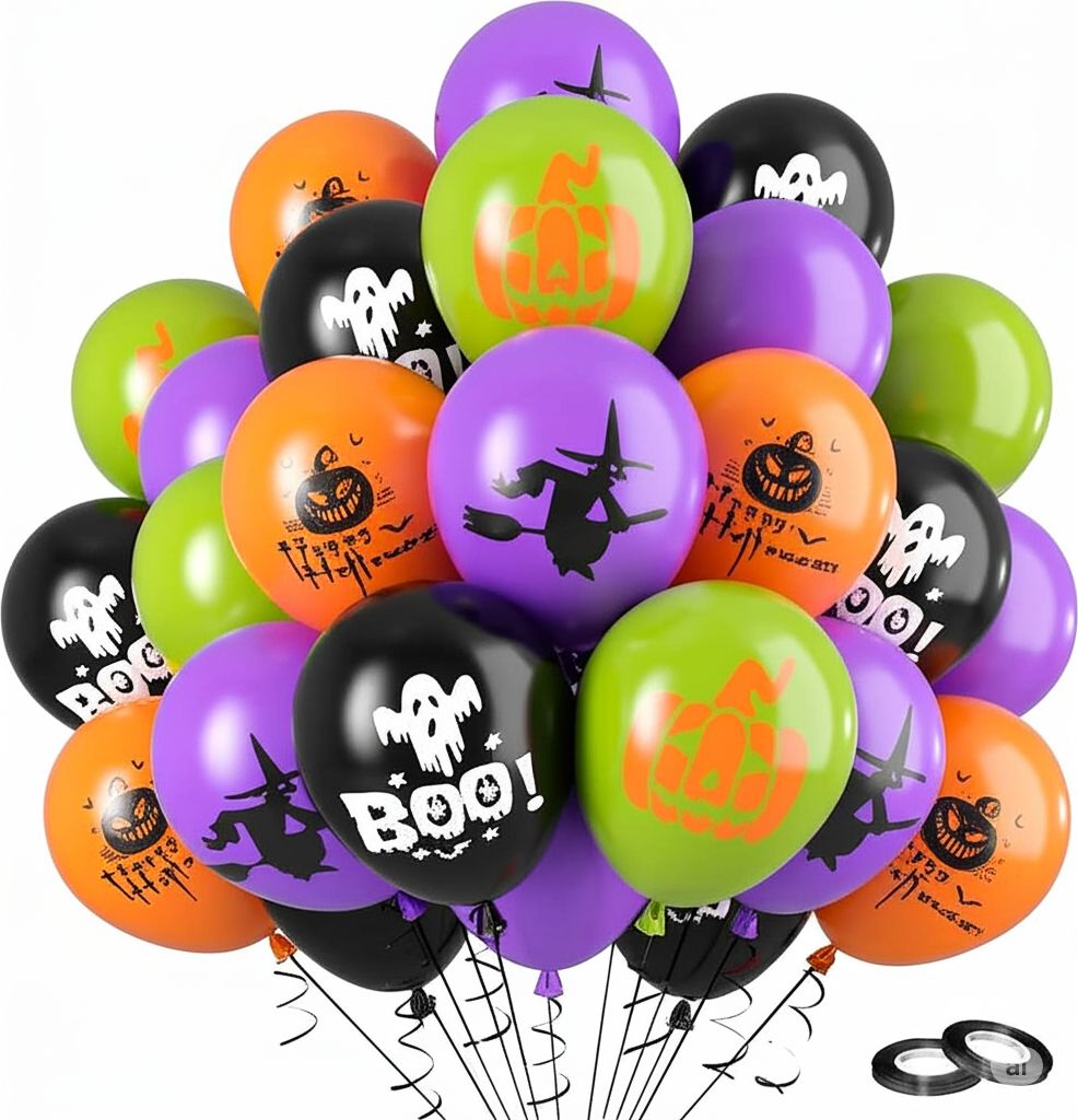  A vibrant cluster of Halloween-themed balloons in black, orange, purple, and green, featuring designs like ghosts, pumpkins, witches, and "Boo!" text, arranged neatly with visible strings against a solid white background. Two rolls of black ribbon are placed in the bottom right. The image has a clean, modern, professional aesthetic and a landscape 16:9 aspect ratio.