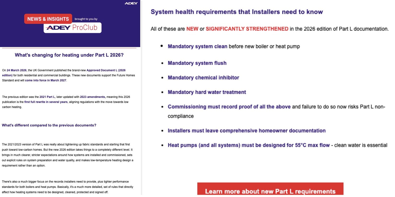 A marketing email from Adey ProClub regarding the 2026 Approved Document L changes, claiming mandatory system cleaning, flushing, and chemical inhibitor requirements for heat pumps and boilers