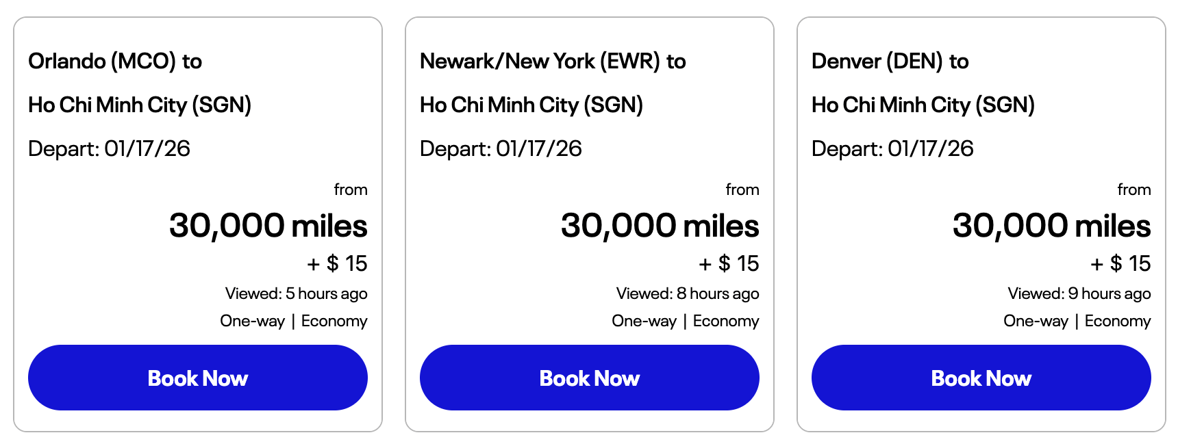 Flights fom U.S. cities to Vietnam for 30k miles