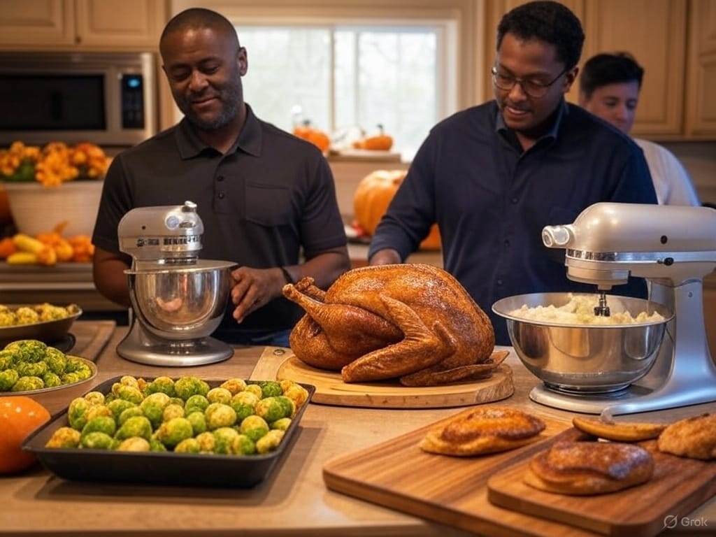 A warm, inviting kitchen filled with Thanksgiving dishes in progress. A golden-brown turkey on a carving board, a stand mixer whipping mashed potatoes, and an air fryer crisping Brussels sprouts, with fall decorations in the background.