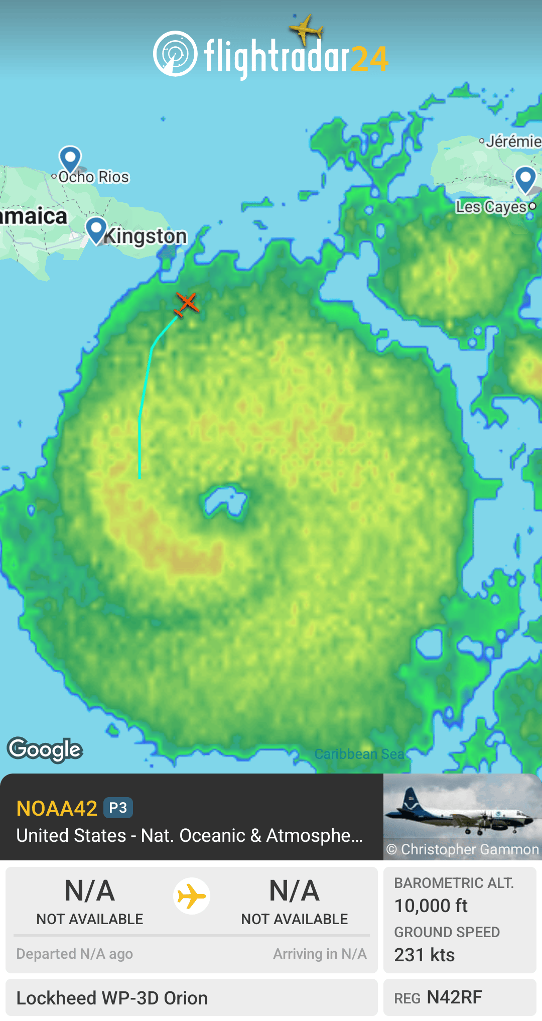 Flightradar image of unpaid flight by NOAA hurricane hunter through the Category 5 Hurricane Melissau