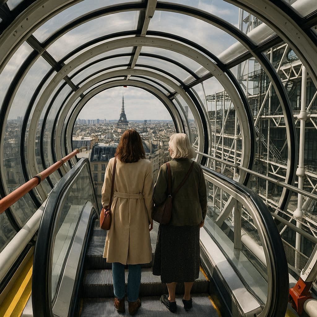 Two women riding Centre Pompidou's external escalators, representing generational perspectives on contemporary art