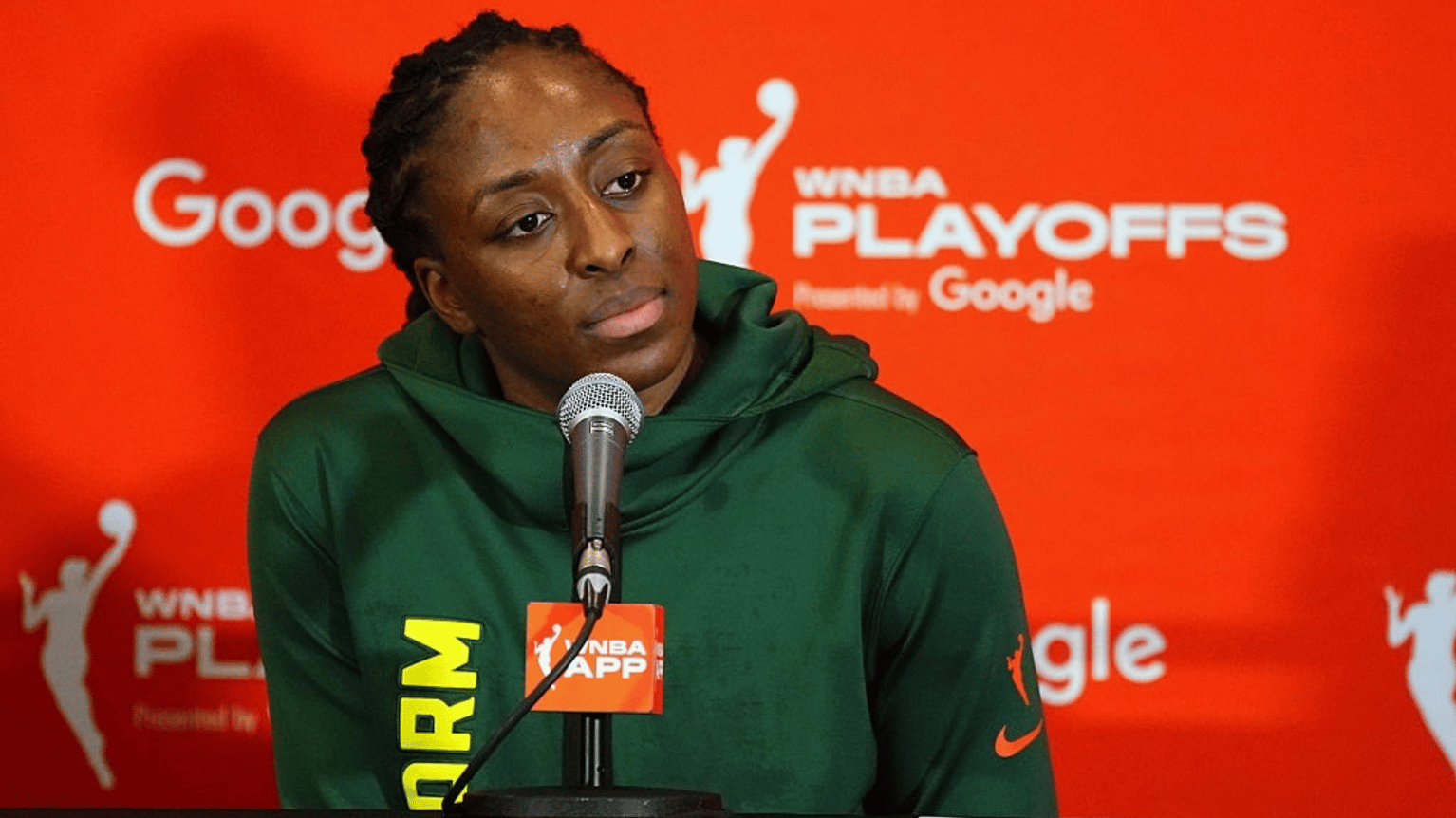 Nneka Ogwumike #3 of the Seatttle Storm talks to the media after the game against the Las Vegas Aces