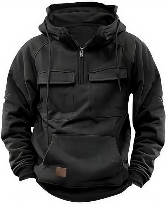 Tactical Cargo Pocket Hoodie Alt Text: Streetwear-style hoodie with front and arm cargo pockets, blending utilitarian fashion with GTA-inspired heist vibes.
