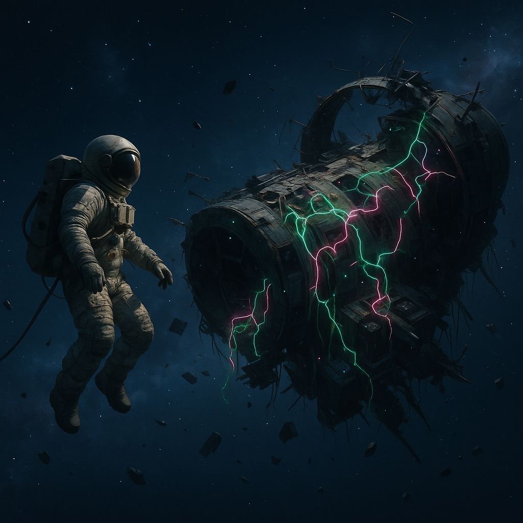 Wide shot of an astronaut on a spacewalk near a derelict spacecraft covered in glowing neon vines, with cosmic debris and nebulae in the background.