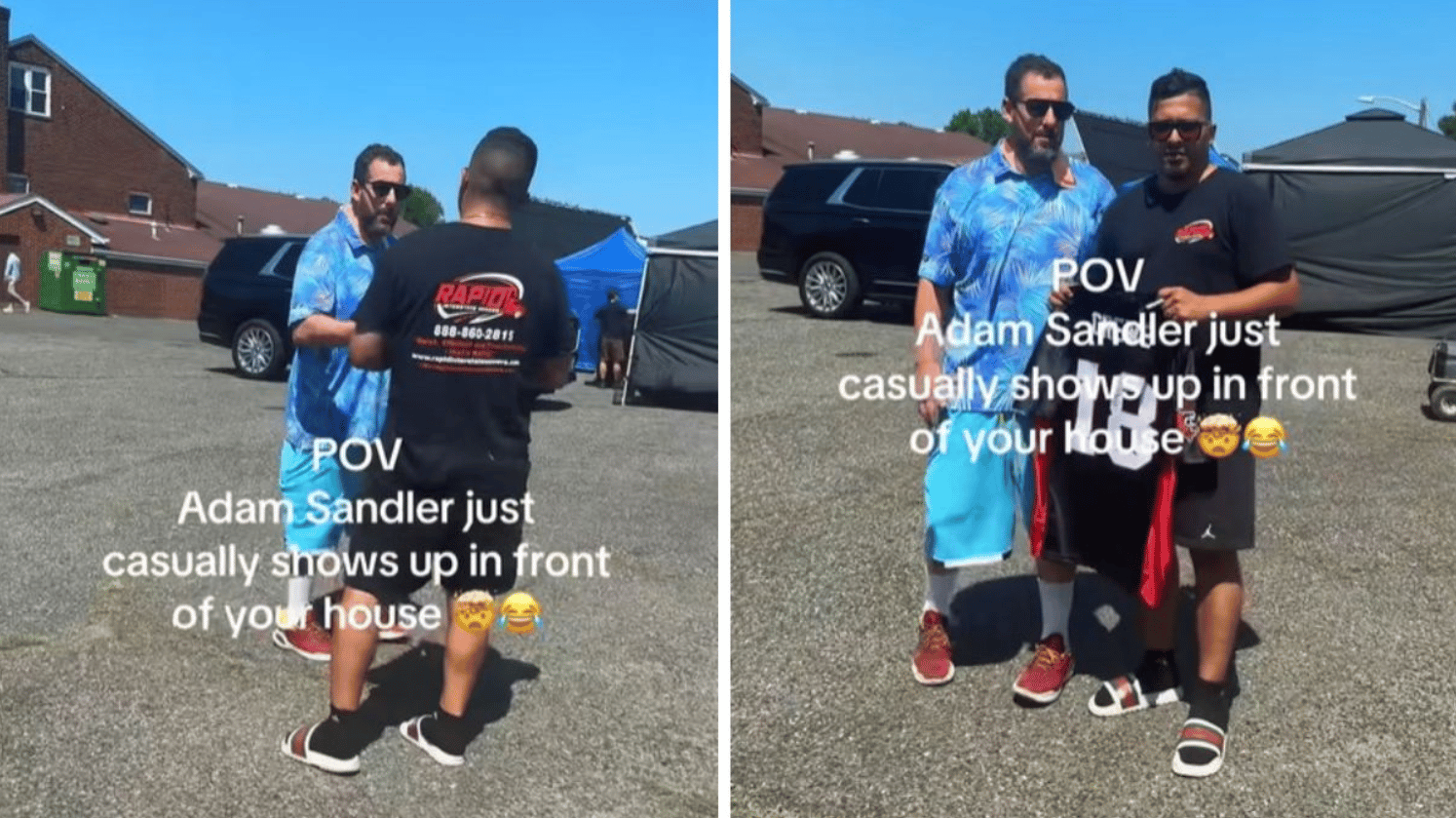 Images show a fan interacting with Adam Sandler.
