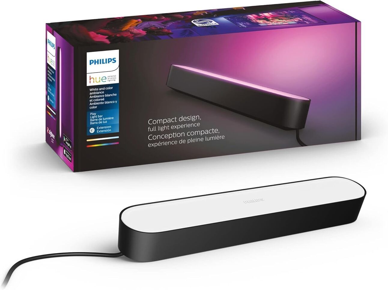 Philips Hue Play Light Bars – Sleek & Smart Slim, elegant RGB light bars placed behind a monitor or TV, offering immersive ambient backlighting synced to games or movies.