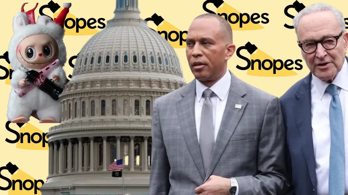 From left to right, a keychain of a mischeveous-looking creature, a large white building and a Black man walking next to a white man are shown. A black "Snopes" logo can be seen behind them.