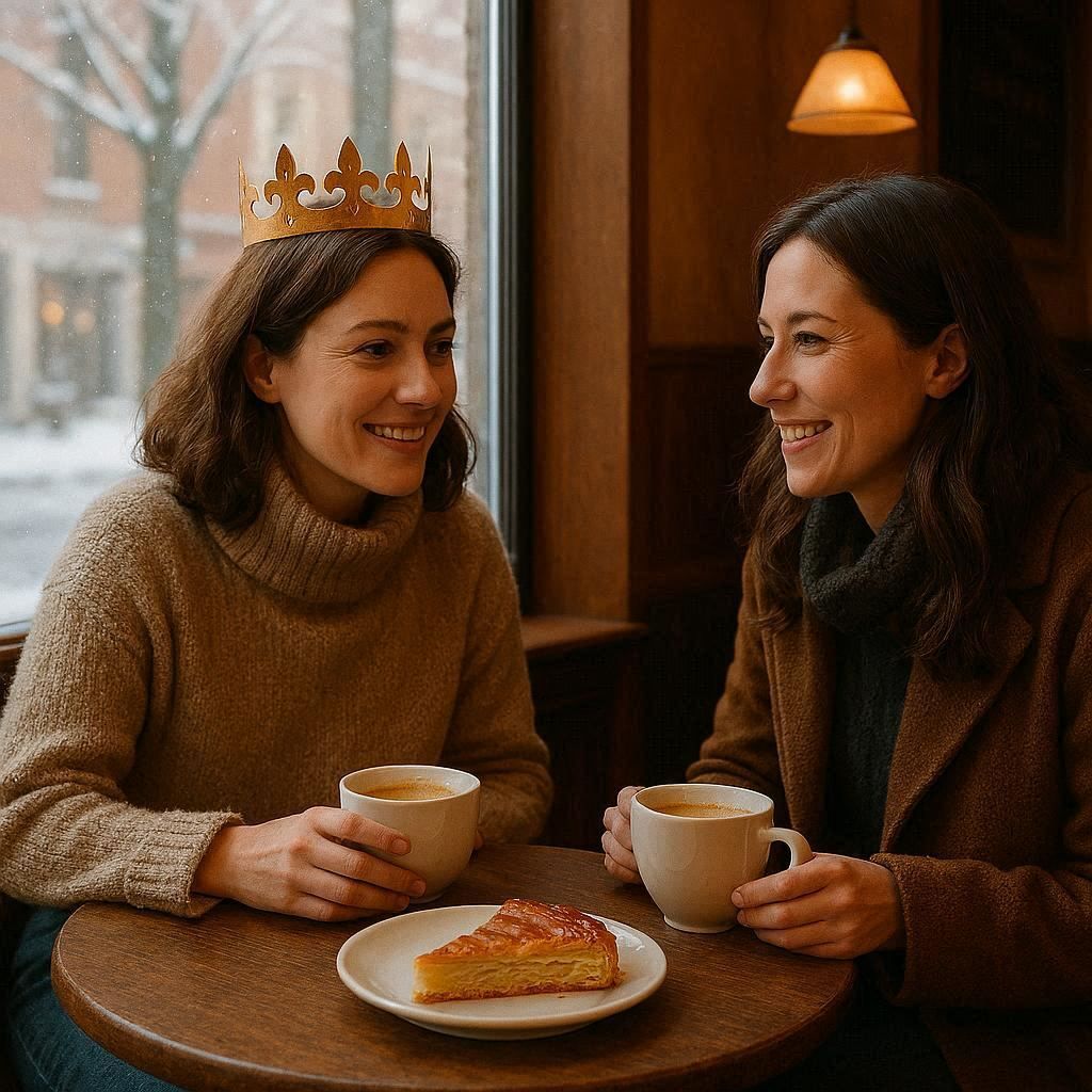 Deux amies partagent un café et une galette des rois dans un café parisien en janvier