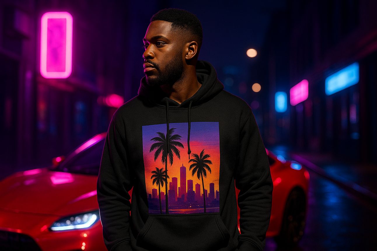 A young Black man wearing a black hoodie with a vibrant palm tree and city skyline graphic stands confidently beside a red sports car on a neon-lit city street at night, with pink and blue ambient lighting reflecting off wet pavement and building signs, captured in a cinematic 16:9 layout.