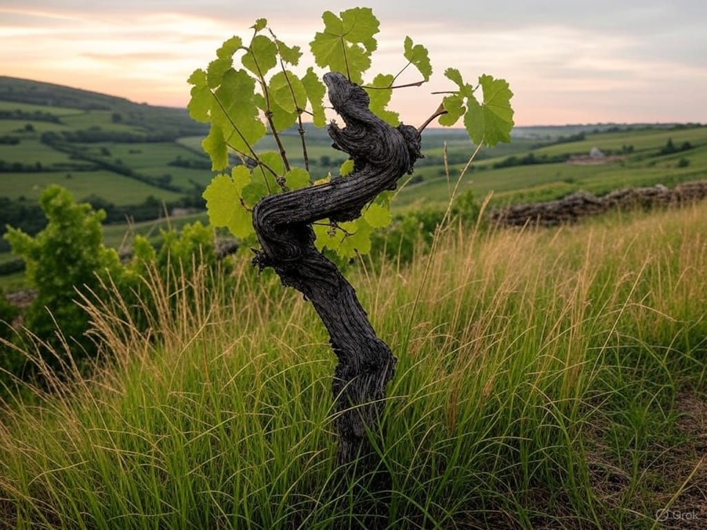 Un vieux pied de vigne abandonné parmi les herbes hautes sur une colline en Bourgogne