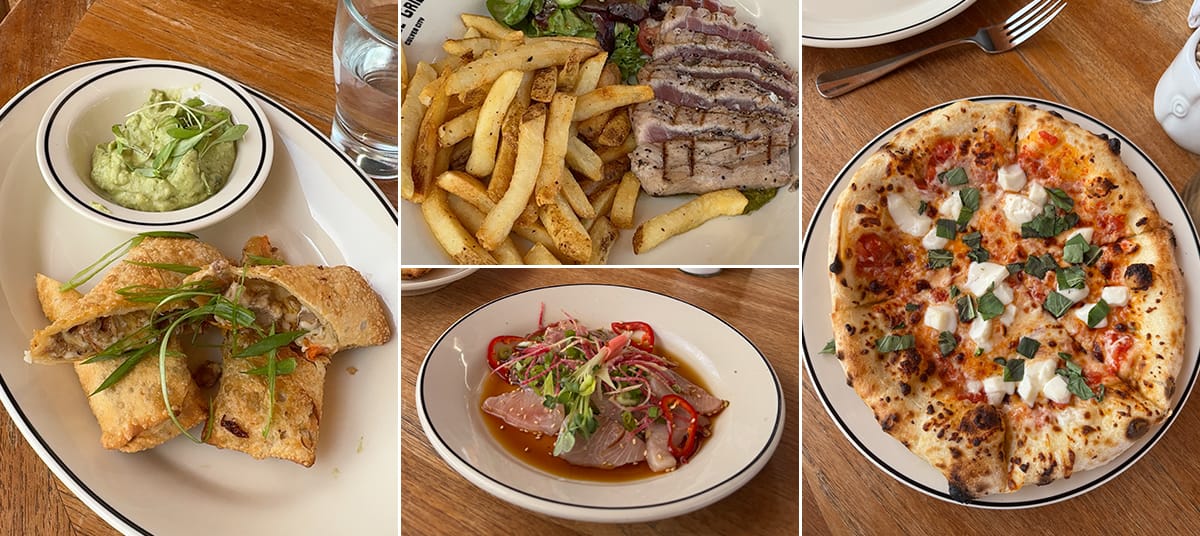 Selection of dishes from Laurel Grill in Culver City including oak-fired pizza, ahi tuna with fries served in a modern California setting