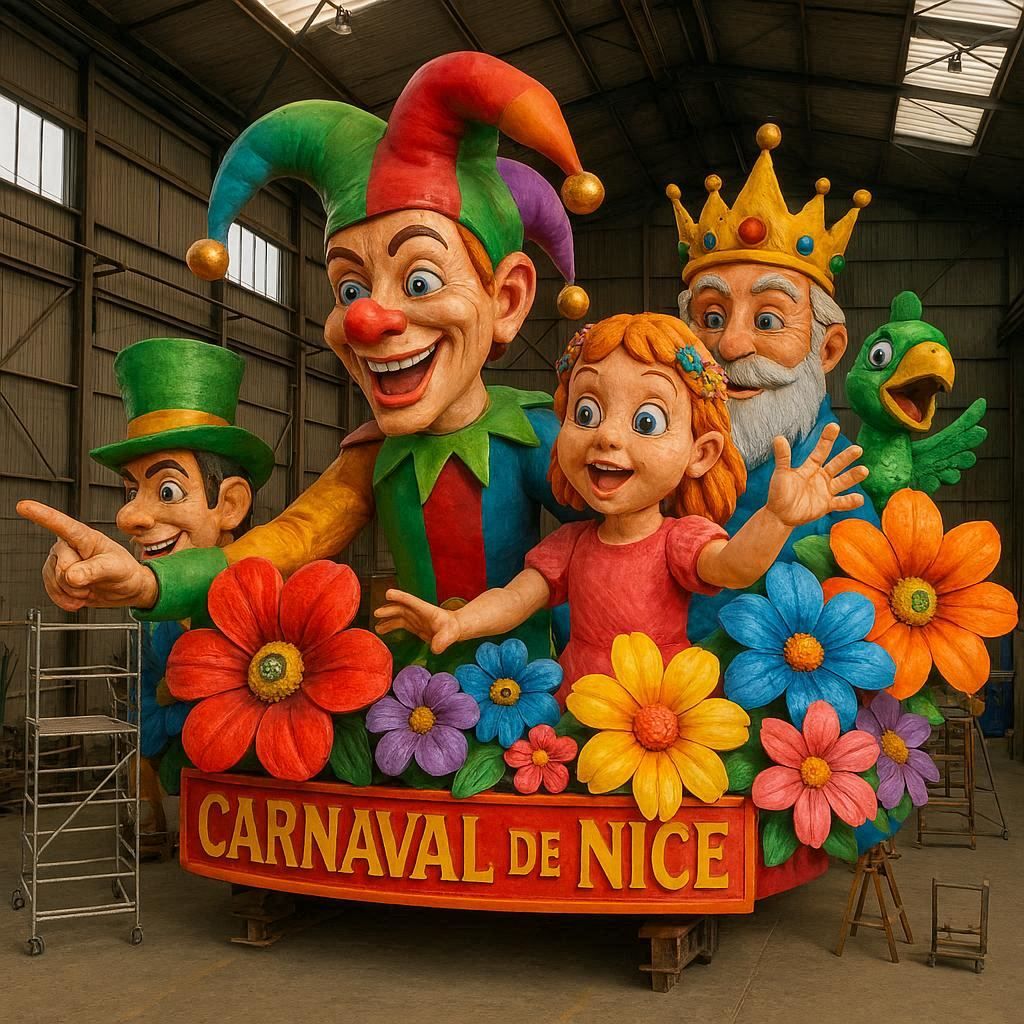 Un char coloré du Carnaval de Nice dans un atelier d'artisan