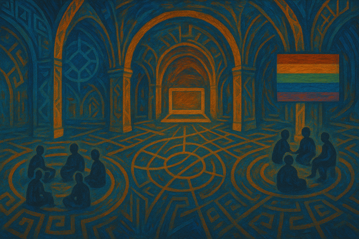 A surreal architectural visualization showing how cultural protocols and sacred community practices from different marginalized traditions can be respectfully integrated into digital healing platforms, with ceremonial circles transforming into technological interfaces while maintaining their sacred integrity.