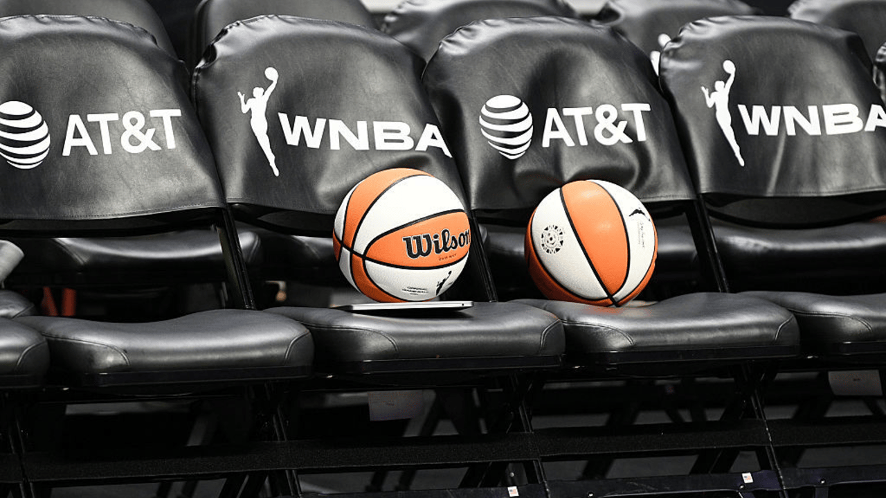 A general view of chairs with the WNBA logo and the AT&T logo and two WNBA basketballs before a WNBA game between the Seattle Storm and the Connecticut Sun on July 28, 2025, at Mohegan Sun Arena in Uncasville, CT.