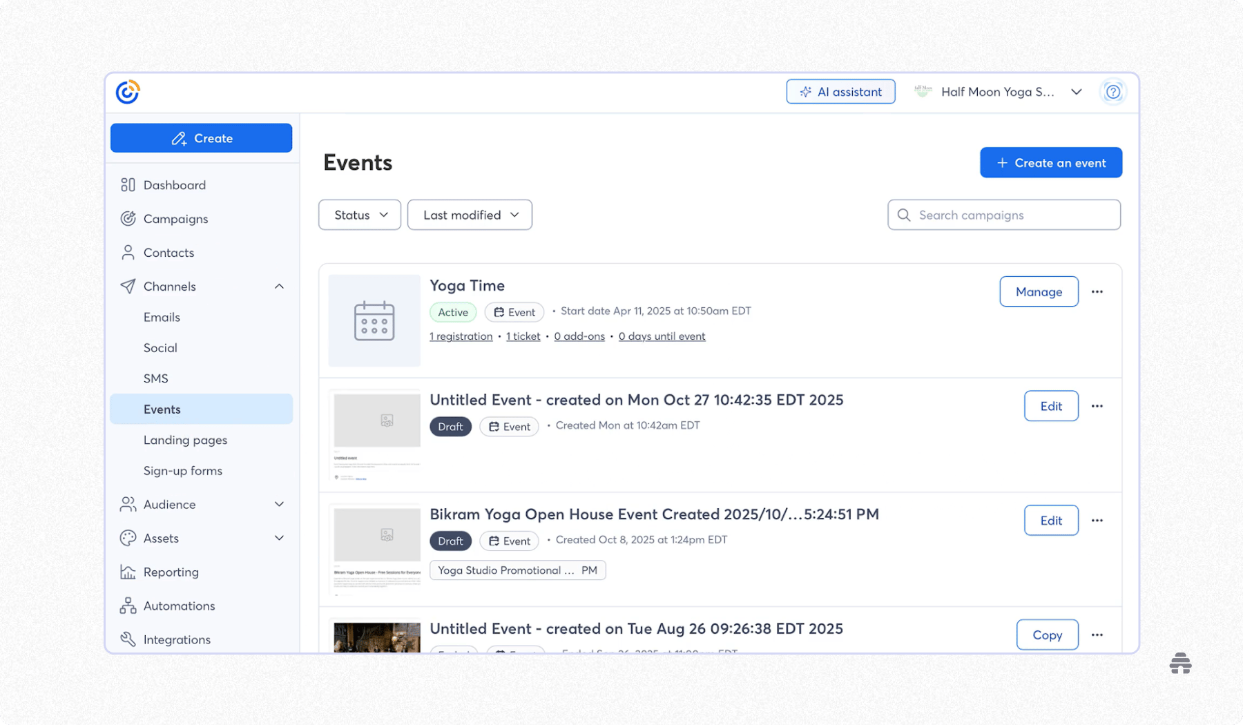 Email marketing platform events dashboard showing event listings, statuses, and management options, with tools to create and organize campaigns and audience engagement activities.