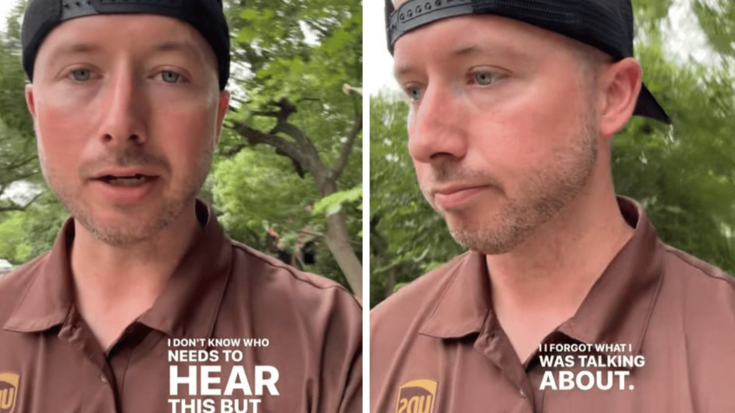 Images show a UPS Driver who loses his thrain of thought making a PSA video after seeing an unusual critter on his route.