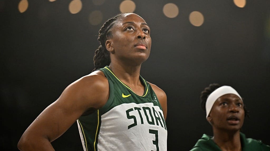 Nneka Ogwumike #3 of the Seattle Storm looks on before the game against the Las Vegas Aces during round 1 game 3