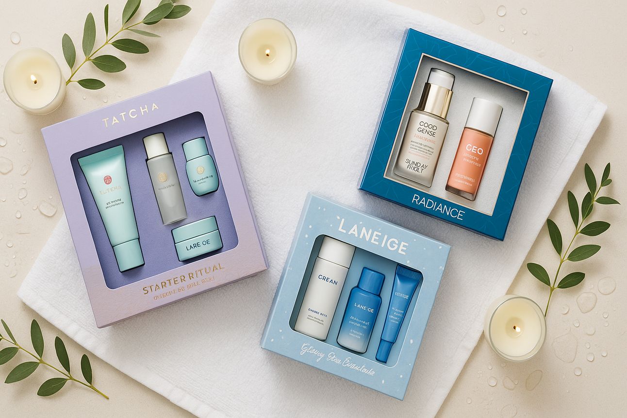 A calming flat-lay image showcasing three luxurious skincare gift sets—Tatcha Starter Ritual, Sunday Riley Radiance, and Laneige Glowy Skin Essentials—arranged on a soft white towel. Surrounded by lit cream candles, green leafy sprigs, and scattered water droplets, the scene evokes a serene spa-like atmosphere.