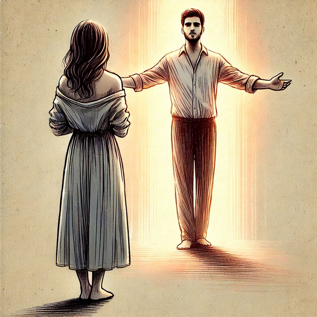 A hand-drawn color illustration of a man standing in the distance with open arms, symbolizing grace, redemption, and invitation. The woman hesitates, standing still as if deciding whether to move toward him. A soft glow of light surrounds the man, creating a warm and ethereal effect. The background is muted and subtle, emphasizing the emotional tension of the moment.