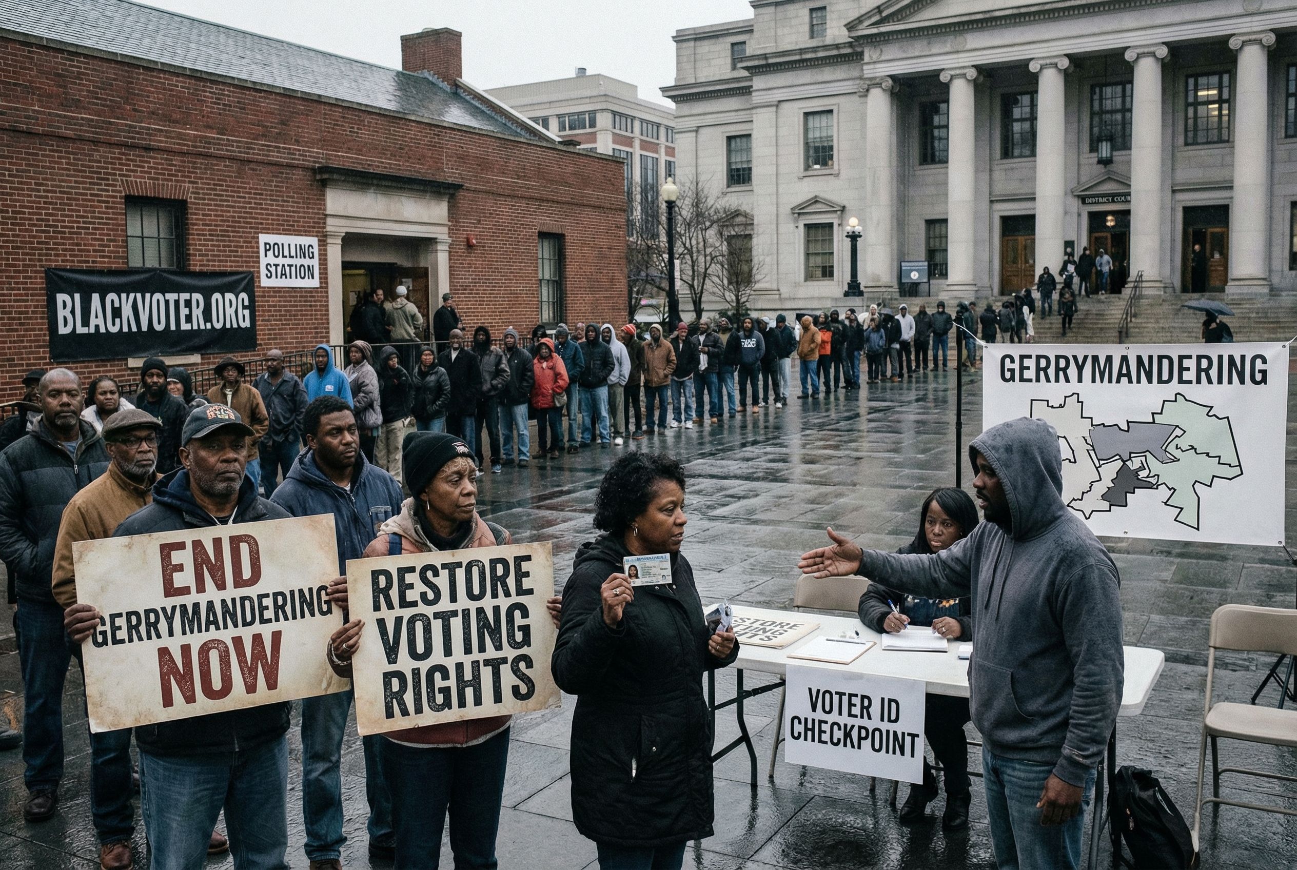 An image highlighting contemporary challenges faced by African American voters, such as gerrymandering and voter ID laws. The scene shows voters navigating these obstacles, with a background featuring courtrooms and polling stations. Use a gritty, realist