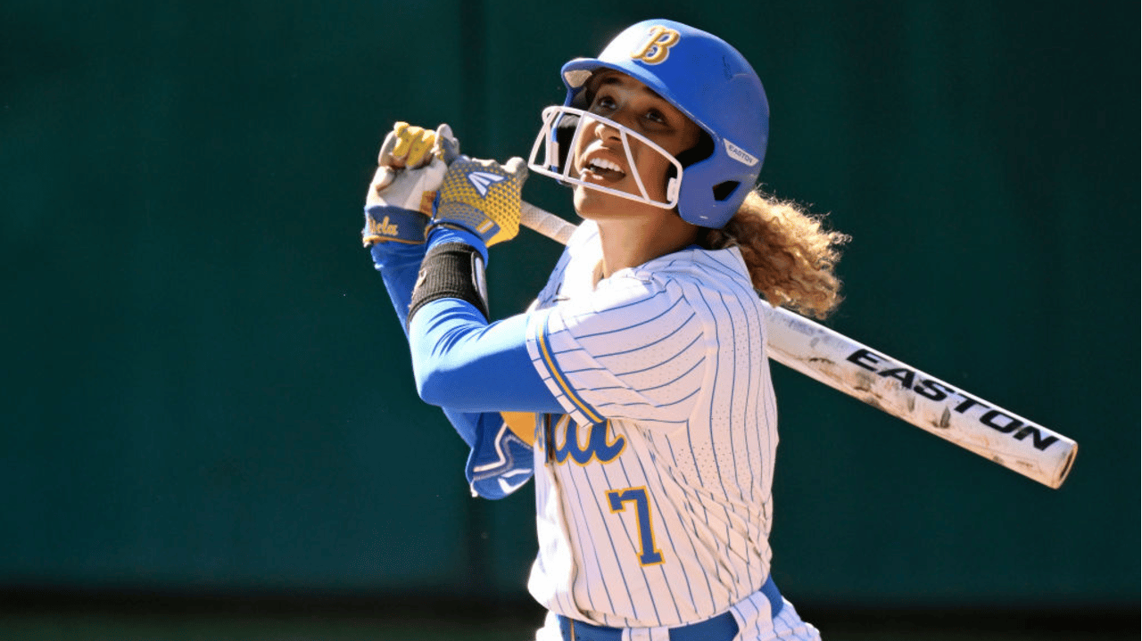 Maya Brady #7 of the UCLA Bruins watches her hit against the Stanford Cardinal in the third inning at Boyd & Jill Smith Family Stadium on April 20, 2024 in Stanford, California.