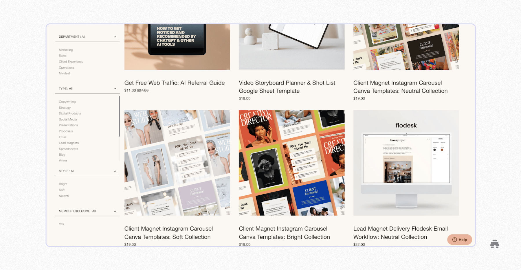 Marketplace page displaying digital products and templates—such as Instagram carousels, lead-magnet guides, and storyboard planners—organized by filters for department, type, style, and member exclusives, helping creators find tools to grow their content and newsletters.