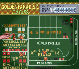 A game of craps at the Golden Paradise Casino, the basic option. Here, you see half of a craps table (the right side and middle), with hardway bets on the left, the Pass Line, Come and winnable numbers all on the right. Two dice are n the middle of being rolled, with the hand that released them visible.