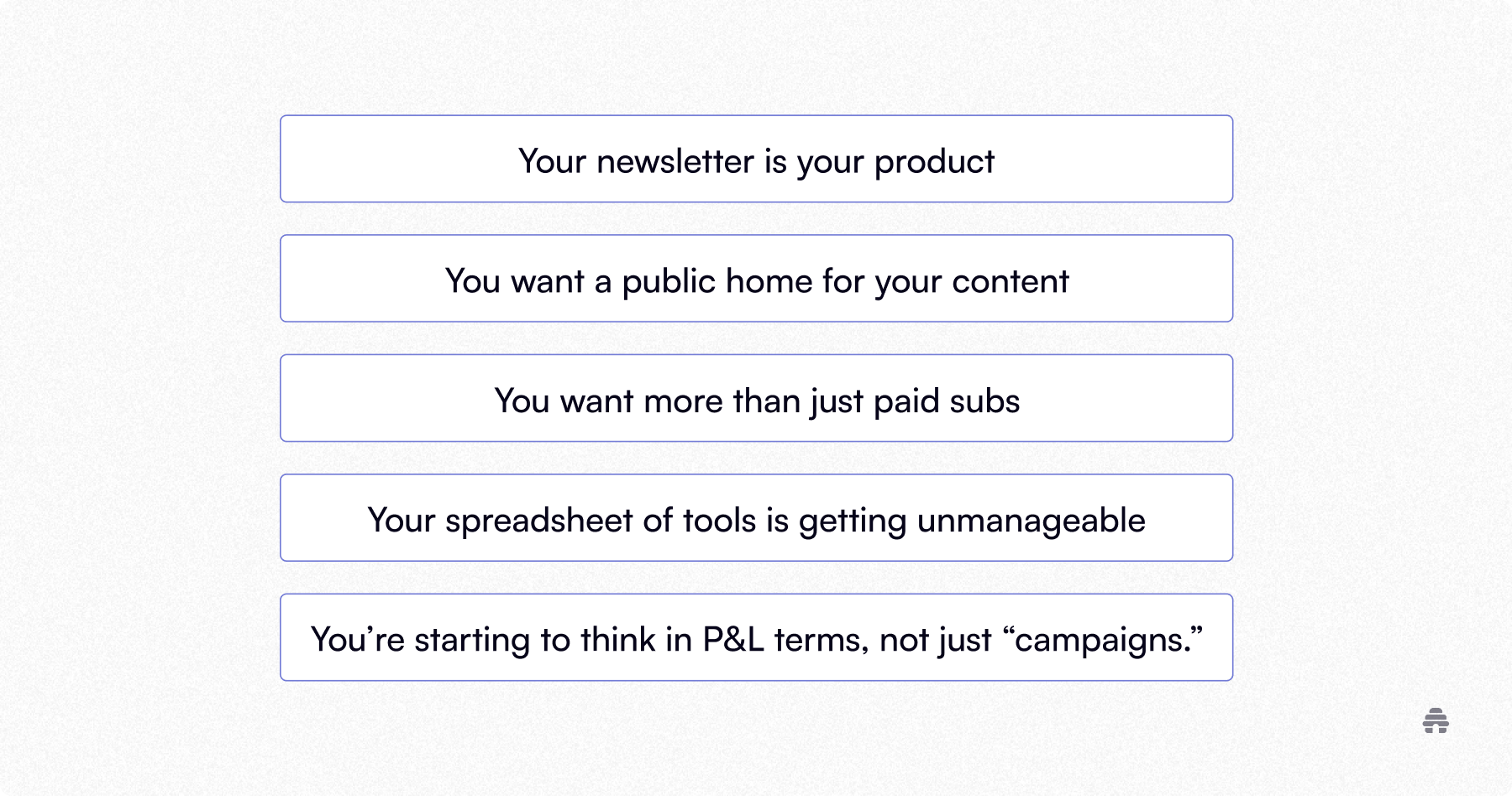 Slide listing signs a creator is ready for an all-in-one newsletter platform, including treating the newsletter as a product, wanting a public content hub, diversified monetization, simpler tools, and P&L-focused growth. The content frames when platforms like beehiiv become a better fit than basic email tools.
