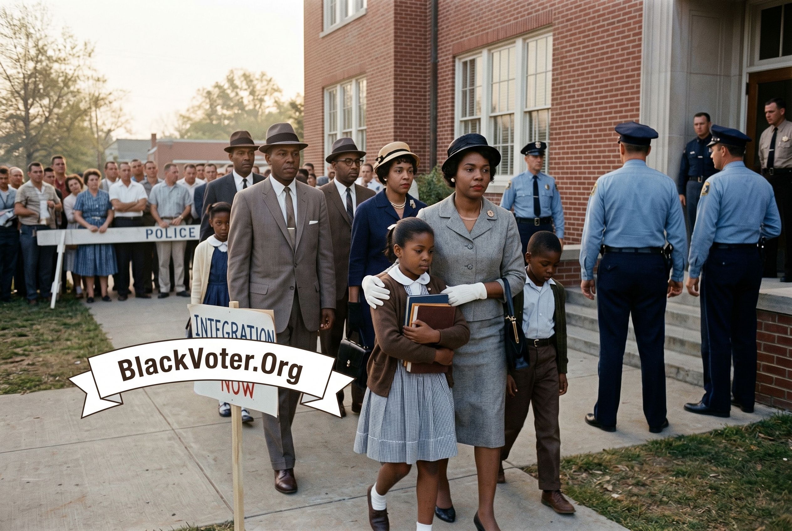 School desegregation through the eyes of parents A realistic early-1960s Southern school entrance scene at sunrise, with Black parents escorting children toward a courthouse-style school building while white hostility is kept subtle in the background, an