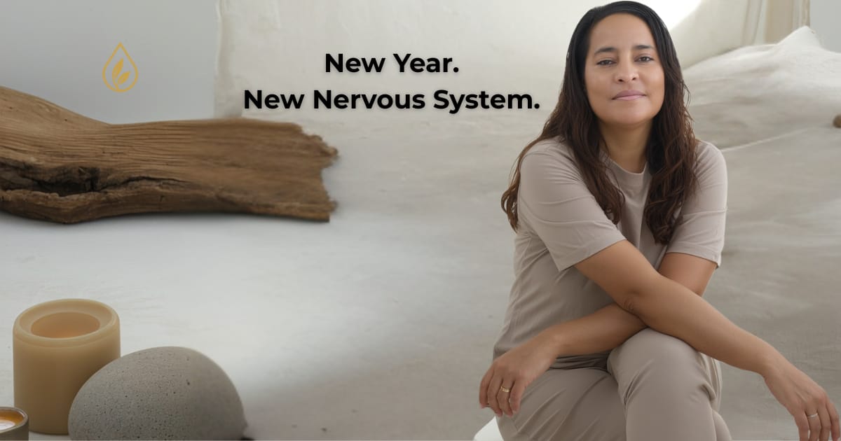 Jenice Story seated calmly in a neutral, minimalist setting with text reading “New Year. New Nervous System.” representing emotional regulation and slow wellness.